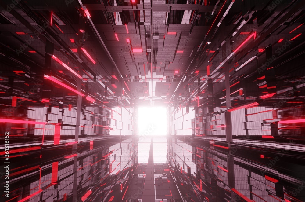 3D illustration of a red sci-fi hallway architecture. Futuristic and technological design of a corridor in space. Cyberpunk and Valorant styled hall interior. Modern and scientific danger concept. - obrazy, fototapety, plakaty 