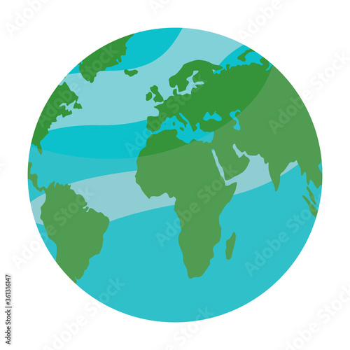 Vector cartoon illustration of planet Earth. Icon for website or app. Map of the world isolated at white background. Globe detailed by oceans, continents in blue and green colors. Concept of world