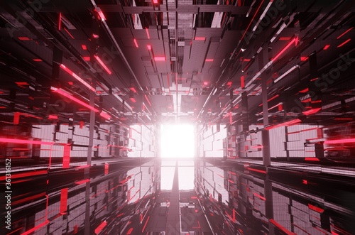 Fototapeta Naklejka Na Ścianę i Meble -  3D illustration of a red sci-fi hallway architecture. Futuristic and technological design of a corridor in space. Cyberpunk and Valorant styled hall interior. Modern and scientific danger concept.