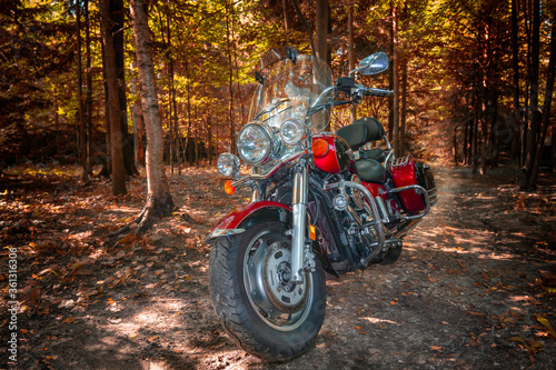 Park Moscow region, September 29, 2019 - Motorcycle cruiser in sunny autumn forest. Selective focus. Kawasaki VN1600 Vulcan Nomad