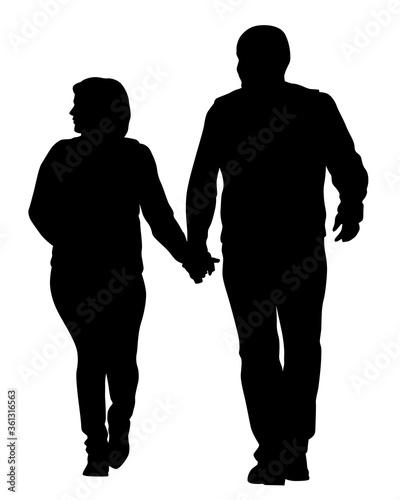Young man and woman walking at street. Isolated silhouette on a white background