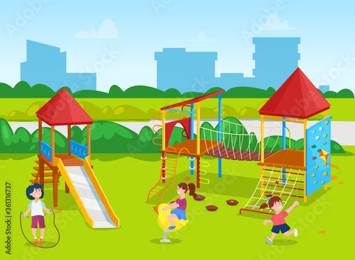 Fototapeta Naklejka Na Ścianę i Meble -  Smiling girl and boy playing on playground, kid with jumping rope. Classmates on playground, skyscraper view from school yard, swing and slide vector