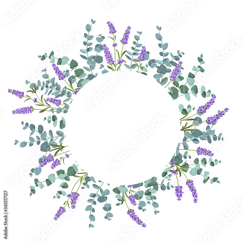 Eucaliptus and lavender elements design template. Simple design with frame flowers. Herbal vector frame