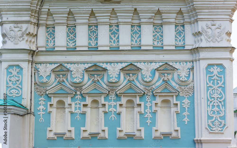 Patterns on the wall of the Bell Tower of St. Sophia Cathedral are angels and double headed eagles. Cultural monument Hagia Sophia in Kiev, a monument of architecture in the Ukrainian Baroque style. Patterns on the wall of the Bell Tower of St. Sophia Cathedral are angels and double headed eagles. Cultural monument Hagia Sophia in Kiev, a monument of architecture in the Ukrainian Baroque style.
