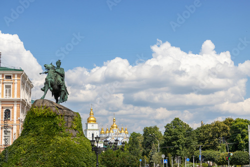 View on Hetman Bogdan Khmelnitsky monument and Saint Michael's Golden Domed Monastery, Kyiv, Ukraine. photo