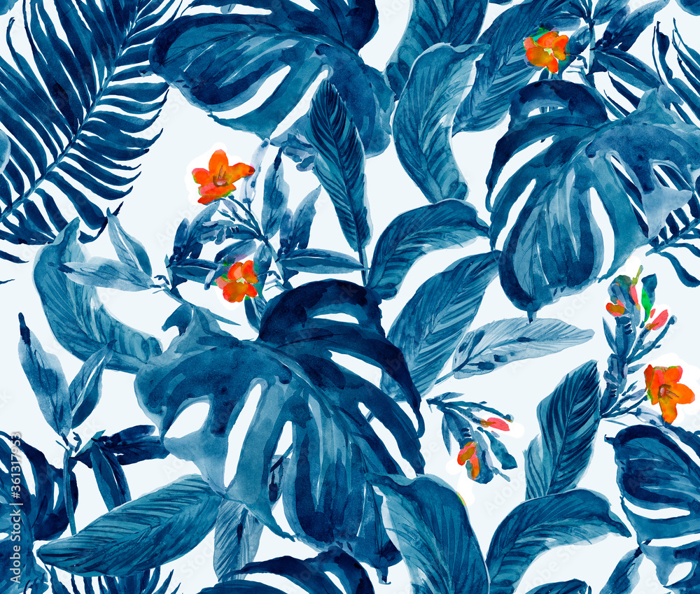 custom made wallpaper toronto digitalSeamless Pattern Watercolor Hand  Painted Artwork with Tropical Exotic Leaves and Flowers, Floral Jungle Print Many Palm  and Monstera Leaves in Blue with Orange Flowers