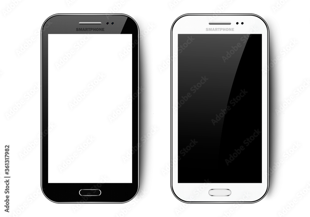 Black and white realistic smartphone with shadow, camera, button and glare, mobile phone mockup with blank screen for your design on isolated white background, vector illustration Black and white realistic smartphone with shadow, camera, button and glare, mobile phone mockup with blank screen for your design on isolated white background, vector illustration