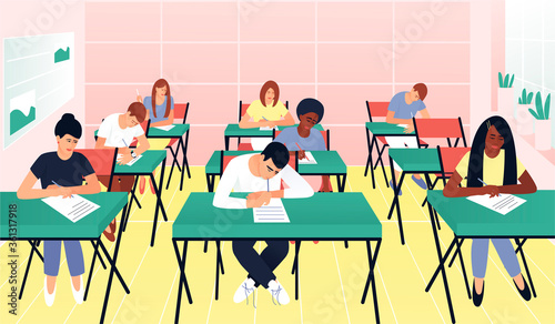 Students write a test exam in a beautiful classroom. Learning concept. Teenagers with different skin colors. Exam test. Test question. Flat vector cartoon illustration.