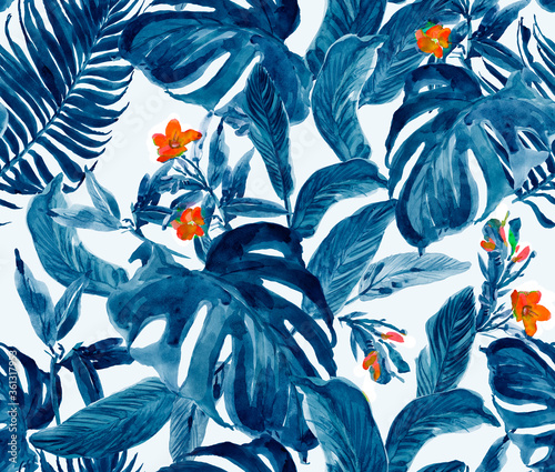 Wallpaper Mural Seamless Pattern Watercolor Hand  Painted Artwork with Tropical Exotic Leaves and Flowers, Floral Jungle Print Many Palm  and Monstera Leaves in Blue with Orange Flowers Torontodigital.ca
