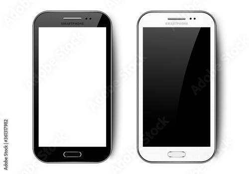 Black and white realistic smartphone with shadow, camera, button and glare, mobile phone mockup with blank screen for your design on isolated white background, vector illustration