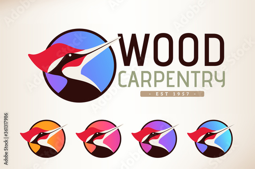 Wood pecker best original logo design gradient effect elements sign symbol inspiration and concept for wood, carpentry, construction and woodpecker - Vector woodworking creative emblem stamp carpenter