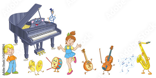 Funny children and cute musical instruments. Banner with place for your text. In cartoon style. Isolated on white background. Vector illustration.