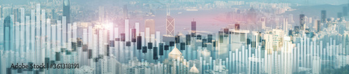Website header and banner of Hong Kong cityscape with skyscarapers. Trading and stock markets. photo