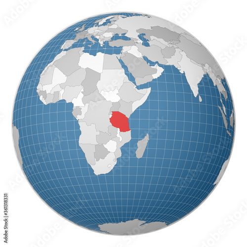Globe centered to Tanzania. Country highlighted with green color on world map. Satellite world projection. Attractive vector illustration.