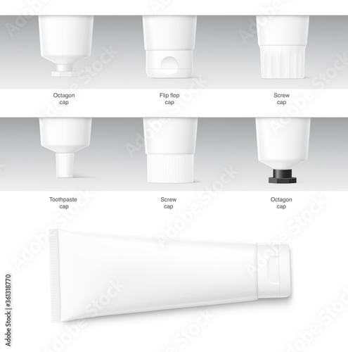 Blank plastic tube mockup set for cosmetics with cap. Front view. Vector illustration isolated on white background. Can be use for your design, advertising, promo and etc. EPS10.	
