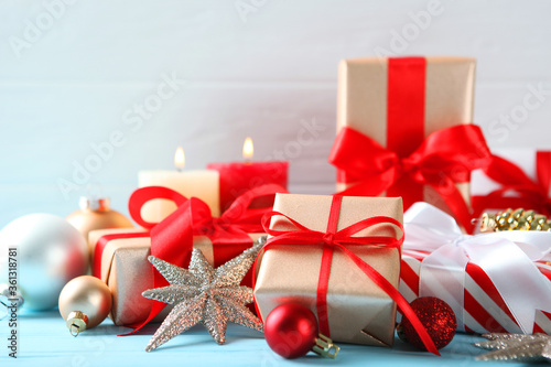 Festive Christmas background. Christmas decor on a colored background side view, place to insert text
