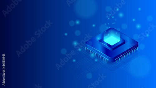 Central processor unit isometric illustration. Vector CPU chip. Microprocessor with lights on the blue background. Big data processing and machine learning concept. Future technology.