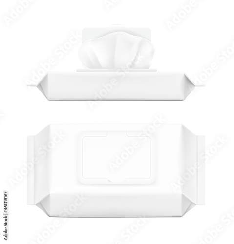 Wet wipes flow pack isolated on white background. Template for your design. Realistic vector illustration. EPS10.	