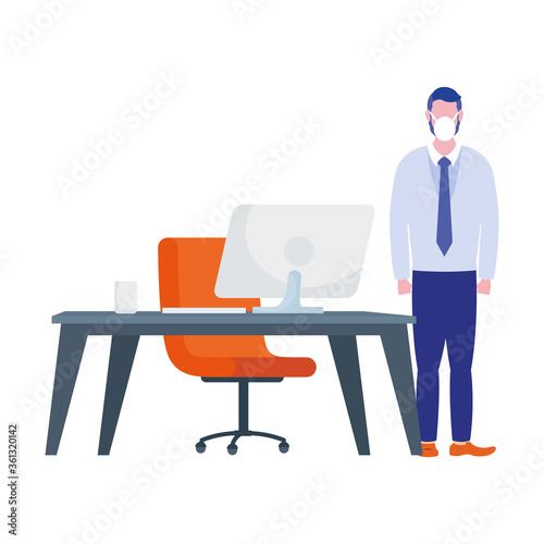 Man with medical mask on desk with computer vector design © Gstudio