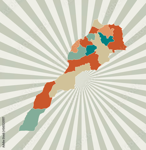 Morocco map. Poster with map of the country in retro color palette. Shape of Morocco with sunburst rays background. Vector illustration.
