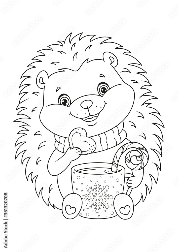 Happy Christmas Hedgehog Coloring Page. Black and white cartoon ...