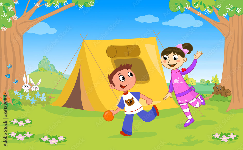 Boy and girl playing at the camping vector illustration