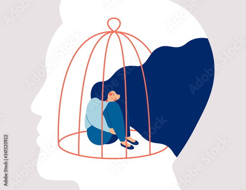 Transgender woman locked in a cage in the male head. Concept of person cross-gender behavior. Restrictions the ability of transgender in society. Vector human character illustration