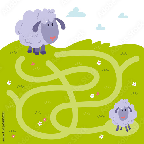 Maze, labyrinth education game. Puzzle games for children. Cartoon farm animals. Help the mother sheep find a little limb . Vector illustration
