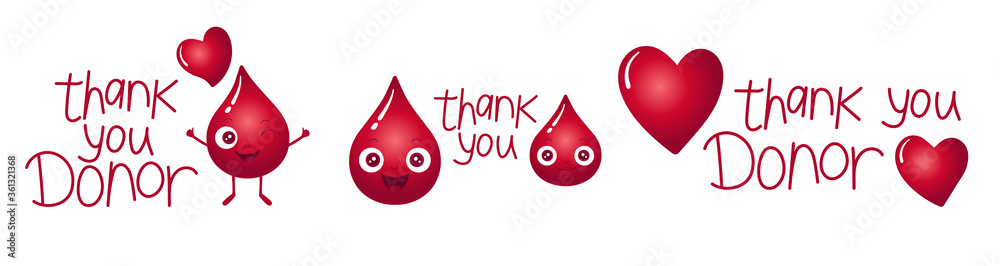 Red heart and blood drop characters. Thank you donor lettering slogan. Cute and kind little red droplet. 3D effect. Good for logo, paper cards for world blood donor day. Red heart and blood drop characters. Thank you donor lettering slogan. Cute and kind little red droplet. 3D effect. Good for logo, paper cards for world blood donor day.