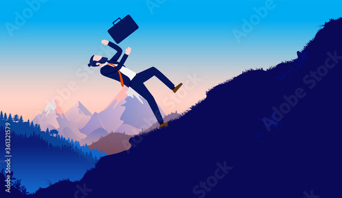 Falling businessman - Man stumbling and falls down hill with briefcase flying in air. Business failure, career crisis and misfortune concept. Vector illustration.