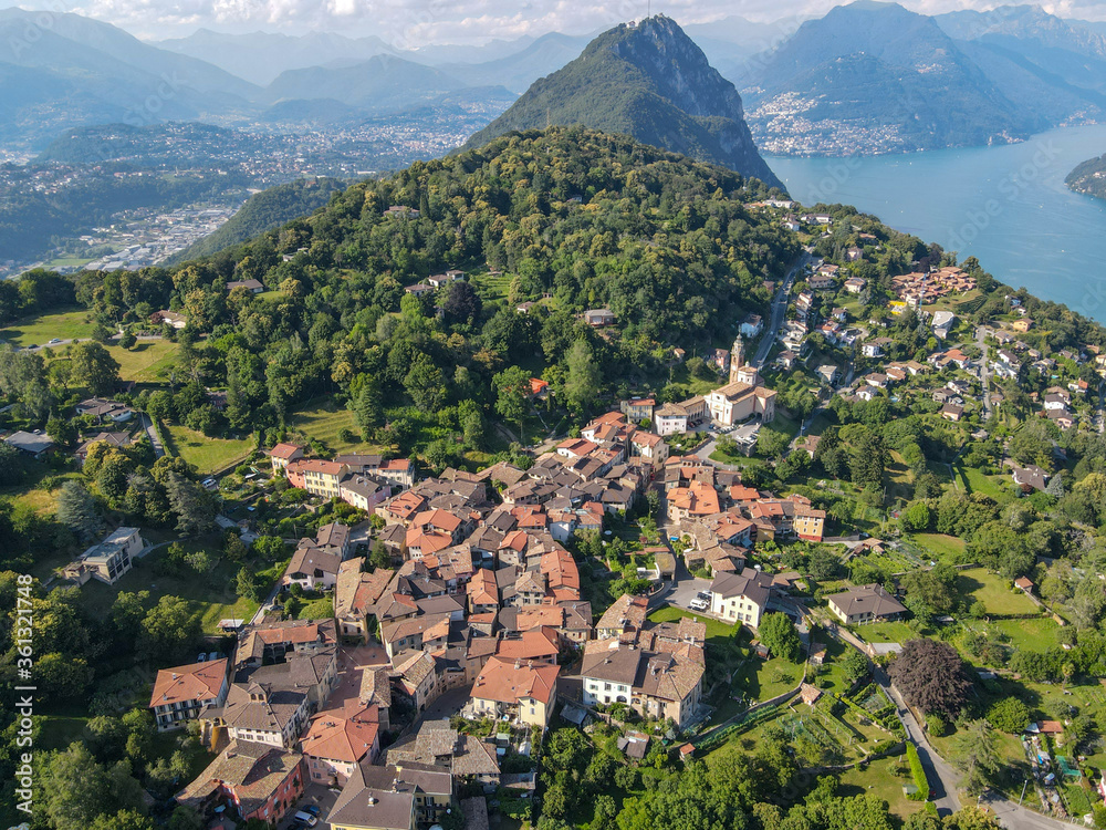 Fototapeta premium Arial view at the village of Carona near Lugano in Switzerland