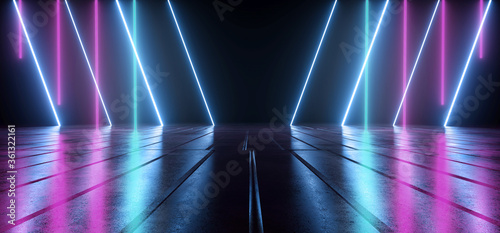 Fototapeta Naklejka Na Ścianę i Meble -  Neon Laser Purple Blue Striped Metal Concrete Reflective Floor Dark Warehouse Garage Gateway Tunnel Corridor Underground Parking 3D Rendering Illustration