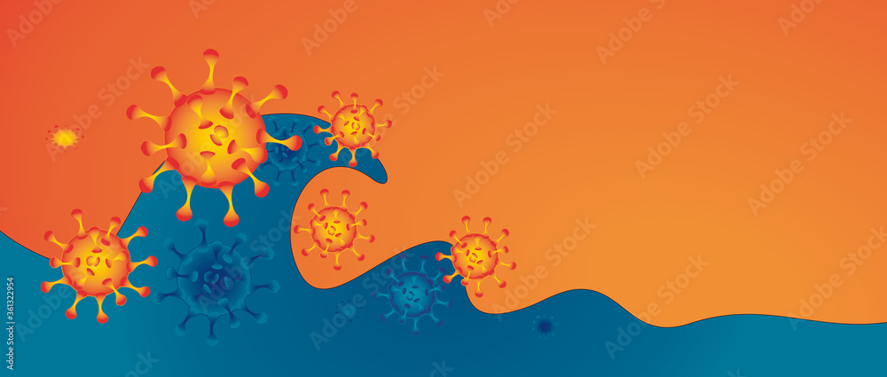 Eine blaue Welle von links mit orangen und blauen Viren auf orangem Hintergrund.