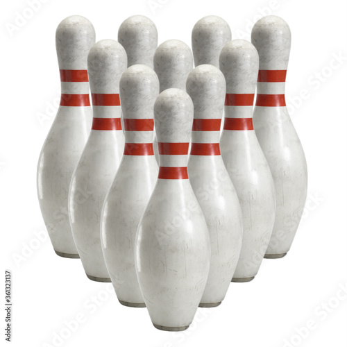 bowling pins set-up of 10 pins on white background