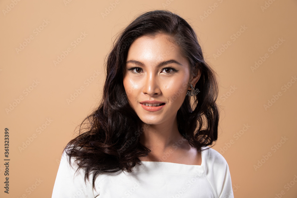 Fototapeta premium Fashion Transgender lgbt Asian Woman has beautiful black hair white dress