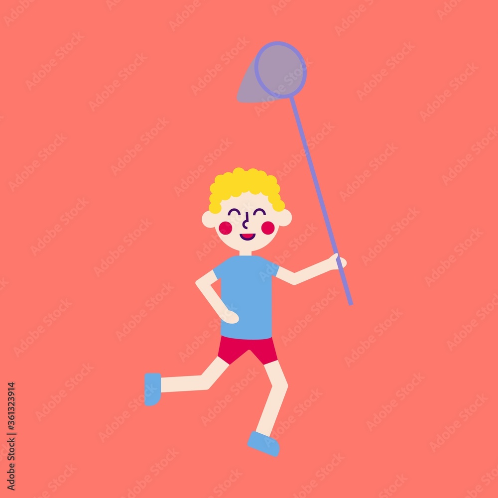 Summer illustration in a flat style. A boy runs after a butterfly with a lap. Vector flat illustration. Summer illustration in a flat style. A boy runs after a butterfly with a lap. Vector flat illustration.