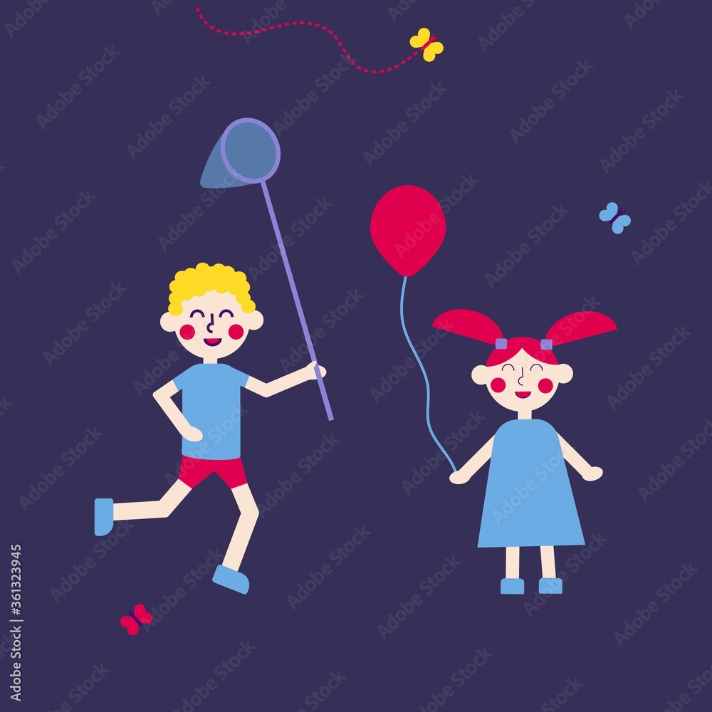 Summer illustration in a flat style. Brother and sister walk together. Girl holding a balloon, a boy catches butterflies. Vector illustration. Summer illustration in a flat style. Brother and sister walk together. Girl holding a balloon, a boy catches butterflies. Vector illustration.