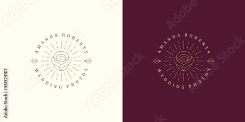 Rose flower petal line and branch with leaves vector logo emblem design template illustration simple linear style