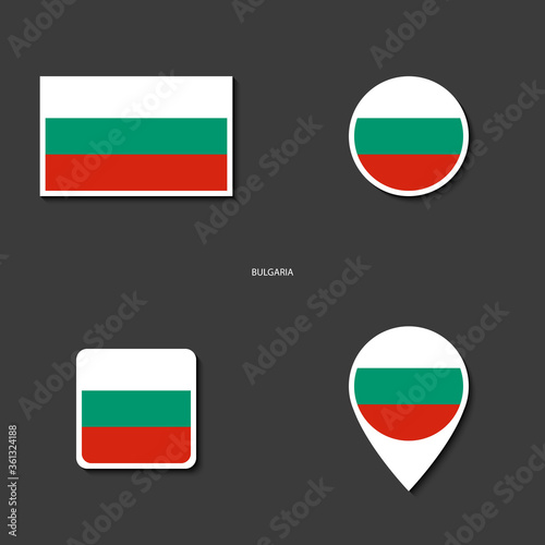 Bulgaria flag icon set in different shape (rectangle, circle, square and marker icon) on dark grey icon. Bulgaria sticker flag collection on barely dark background.