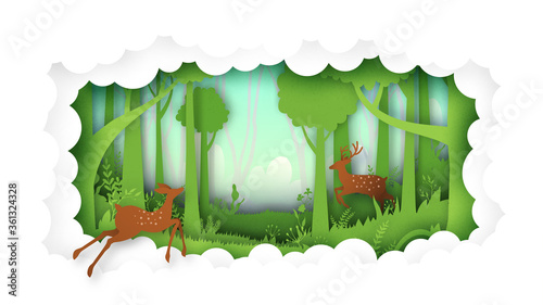 Deer willdlife in green jungle tropical rain forest nature landscape and cloud paper art background.Vector illustration.