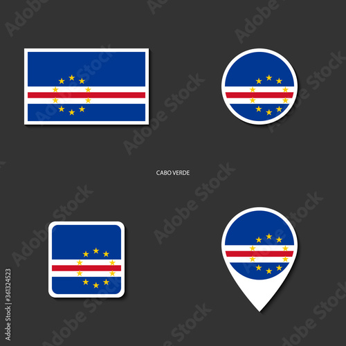 Cabo Verde (Cape Verde) flag icon set in different shape (rectangle, circle, square and marker icon) on dark grey icon. Cape Verde sticker flag collection on barely dark background.