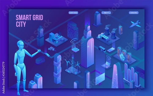 Smart grid city 3d isometric infographics, blue neon concept with solar panels and electricity pole, nuclear, thermal power plant, hydroelectric power station, transport system, 3d isometric icons