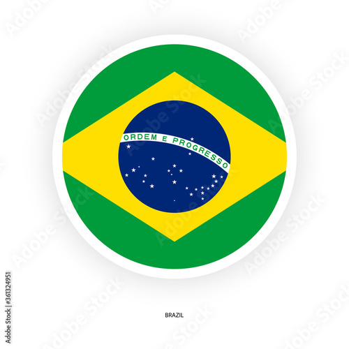 Brazil circle flag icon with shadow on white background. Brazil button icon with white border isolated white background.