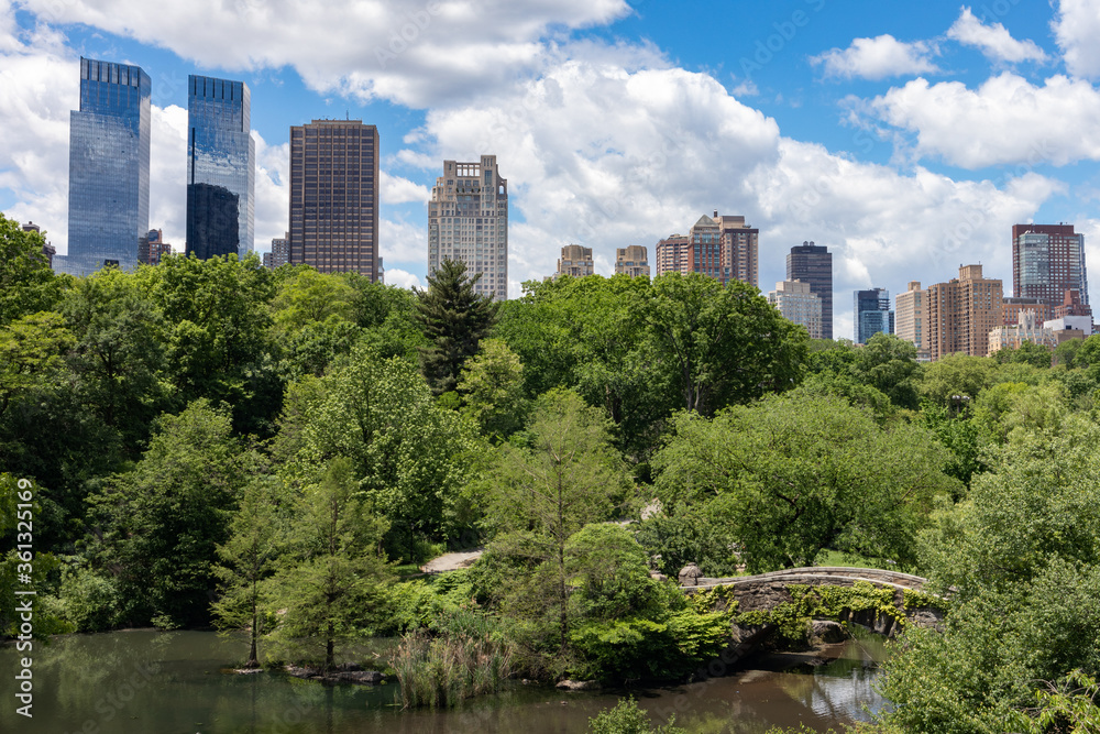 Central Park Skyline View over the Pond with the Gapstow Bridge in New York City during Spring