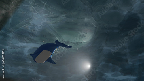 A blue whale (spotted by flashlight) is swimming under ice plate in arctic ocean (3D Rendering)