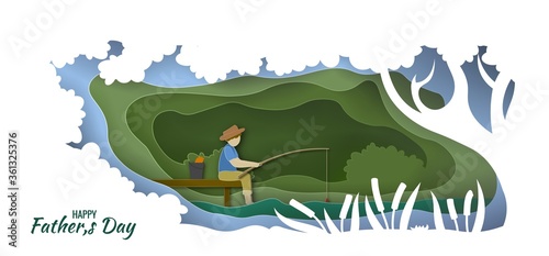 Happy father's day. Man fishing. Happy father s day card. Paper cut style. Vector illustration