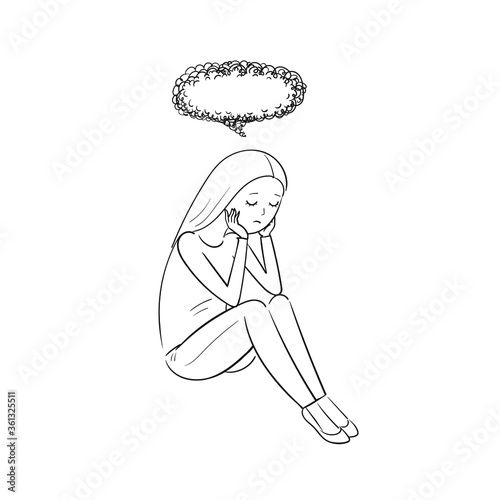 A sad woman with  the problems in her life. The depressed teenager with bubble above her head. Black and white vector illustration in cartoon style isolated on white background.