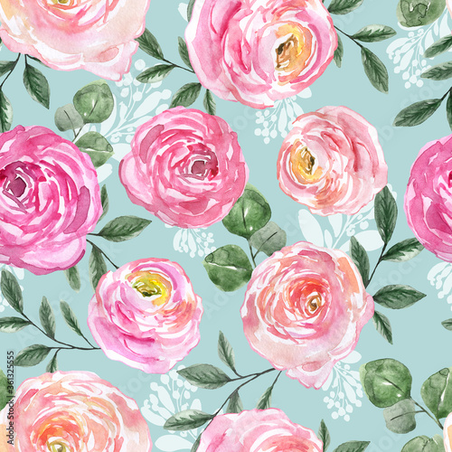 Beautiful floral seamless pattern in vintage shabby chic style on pastel blue...