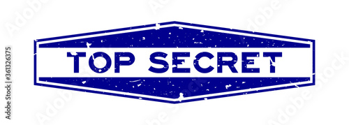 Grunge blue top secret word hexagon rubber seal stamp on white background
