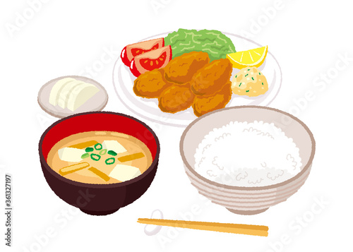 カキフライ定食のイラスト